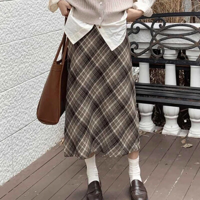 Deeptown Preppy stilska karirana suknja Vintage ženske vunene modne duge suknje Retro ležerna jesen zima midi suknja Slim Up A kroja