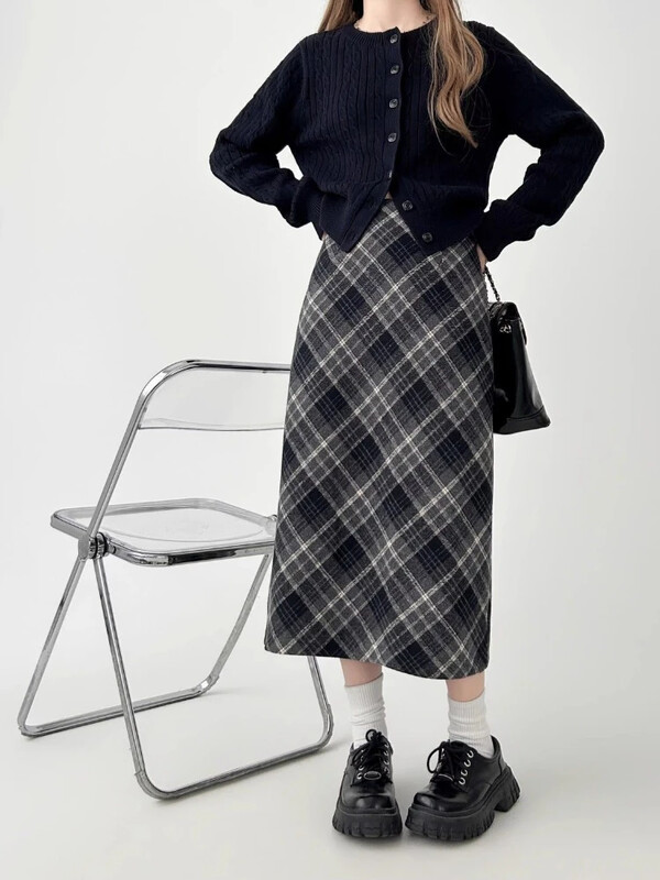 Deeptown Preppy stilska karirana suknja Vintage ženske vunene modne duge suknje Retro ležerna jesen zima midi suknja Slim Up A kroja