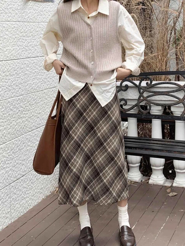 Deeptown Preppy stilska karirana suknja Vintage ženske vunene modne duge suknje Retro ležerna jesen zima midi suknja Slim Up A kroja