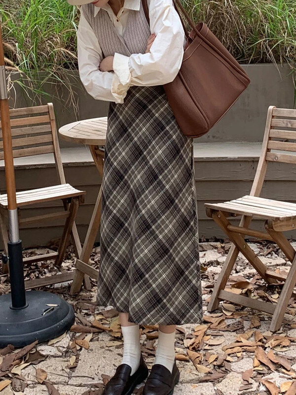 Deeptown Preppy stilska karirana suknja Vintage ženske vunene modne duge suknje Retro ležerna jesen zima midi suknja Slim Up A kroja