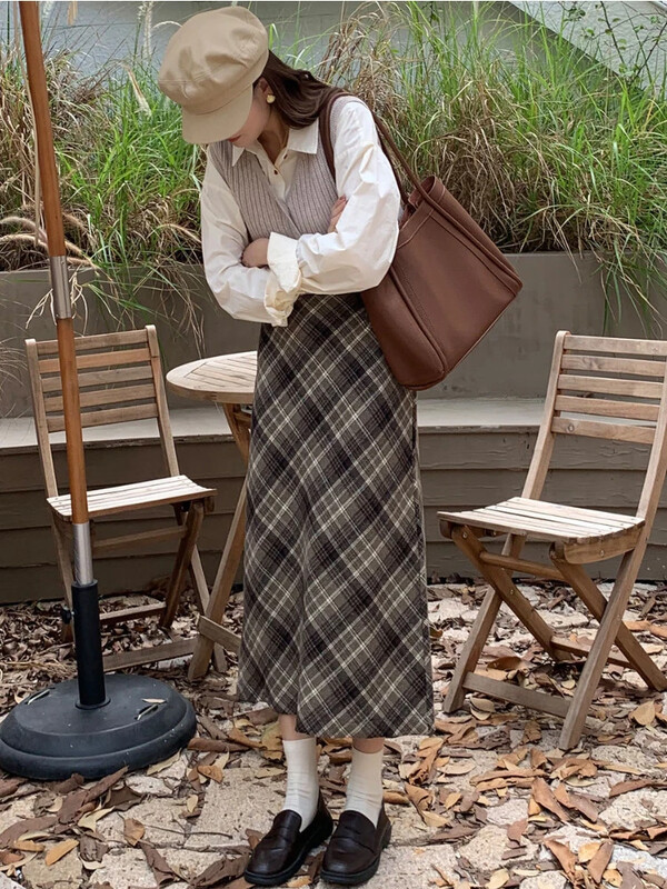 Deeptown Preppy stilska karirana suknja Vintage ženske vunene modne duge suknje Retro ležerna jesen zima midi suknja Slim Up A kroja