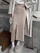 Oymimi Fusta elegantă kaki cu fermoar pentru femei, la modă, cu talie înaltă, până la glezne, fustă ocazională dreaptă, solidă, îmbrăcăminte pentru femei