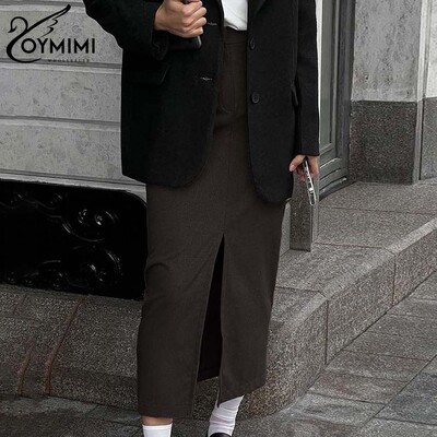 Oymimi Fusta elegantă kaki cu fermoar pentru femei, la modă, cu talie înaltă, până la glezne, fustă ocazională dreaptă, solidă, îmbrăcăminte pentru femei