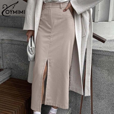 Oymimi Fusta elegantă kaki cu fermoar pentru femei, la modă, cu talie înaltă, până la glezne, fustă ocazională dreaptă, solidă, îmbrăcăminte pentru femei