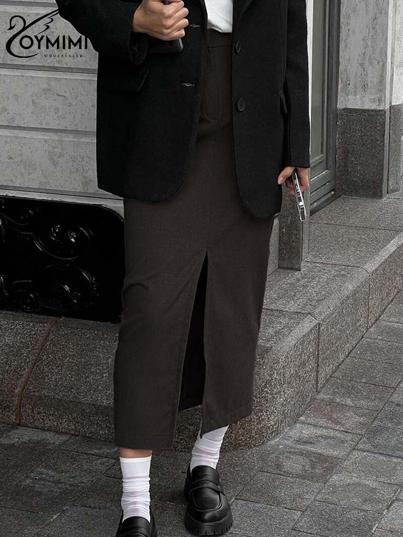 Oymimi Fusta elegantă kaki cu fermoar pentru femei, la modă, cu talie înaltă, până la glezne, fustă ocazională dreaptă, solidă, îmbrăcăminte pentru femei