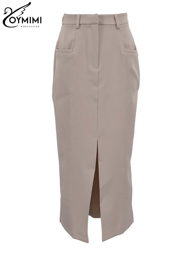 Oymimi Fusta elegantă kaki cu fermoar pentru femei, la modă, cu talie înaltă, până la glezne, fustă ocazională dreaptă, solidă, îmbrăcăminte pentru femei