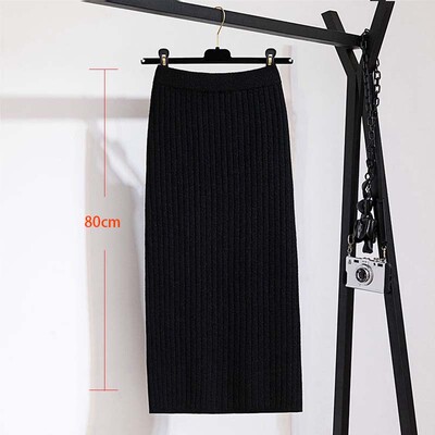 65-75 CM Ženske suknje s elastičnom trakom Jesen Zima Topla pletena ravna suknja Rebrasta rebrasta suknja srednje dužine Crna