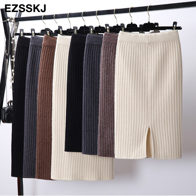 65-75 CM Ženske suknje s elastičnom trakom Jesen Zima Topla pletena ravna suknja Rebrasta rebrasta suknja srednje dužine Crna