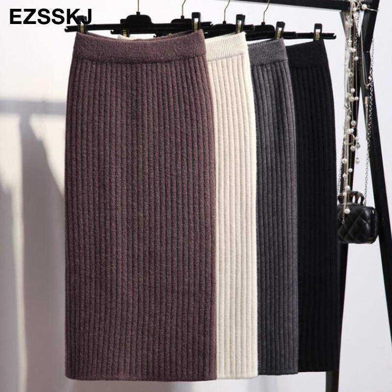65-75 CM Ženske suknje s elastičnom trakom Jesen Zima Topla pletena ravna suknja Rebrasta rebrasta suknja srednje dužine Crna