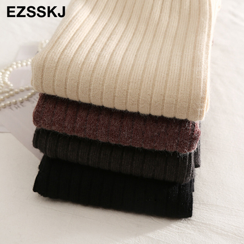 65-75 CM Ženske suknje s elastičnom trakom Jesen Zima Topla pletena ravna suknja Rebrasta rebrasta suknja srednje dužine Crna