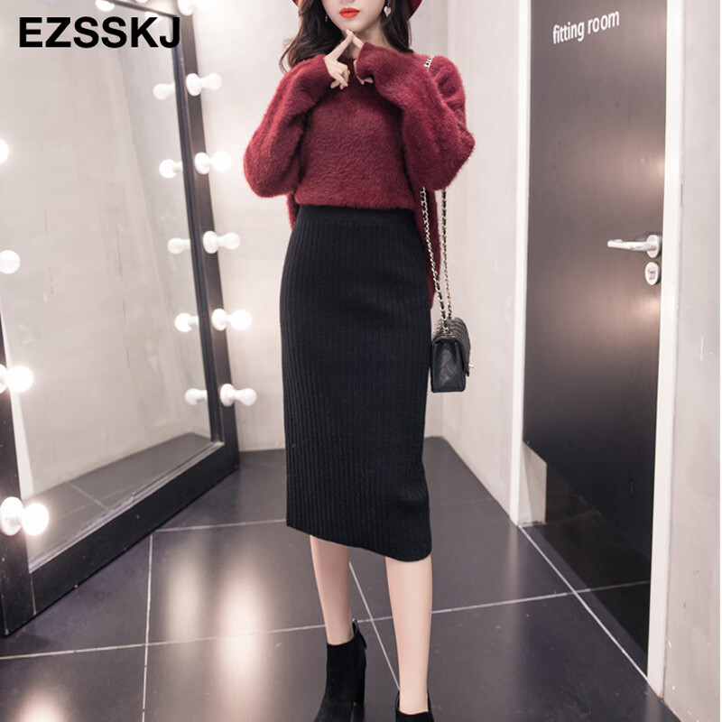 65-75 CM Ženske suknje s elastičnom trakom Jesen Zima Topla pletena ravna suknja Rebrasta rebrasta suknja srednje dužine Crna