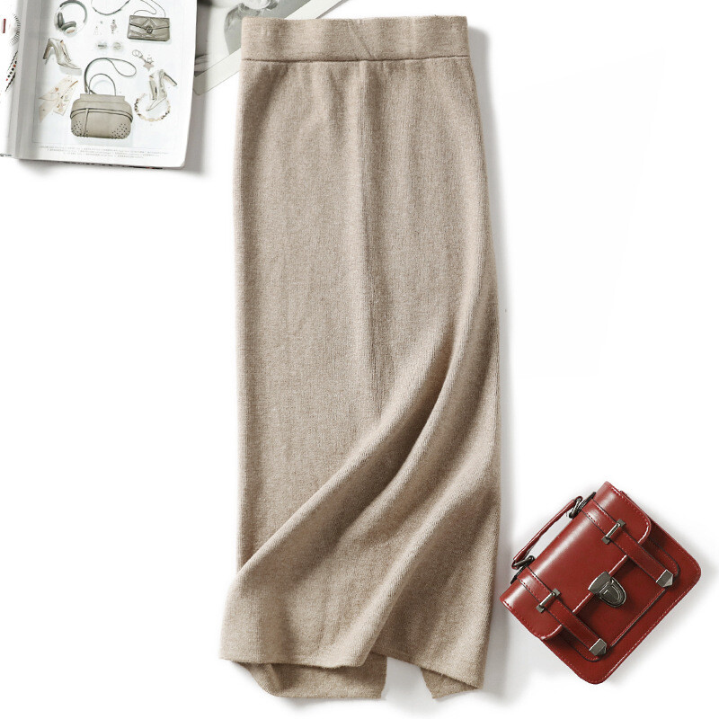 HLBCBG Ženska pencil suknja od kašmira do koljena Jesen Zima Ženska debela midi džemper suknja Seksi suknja uz rub s podijeljenim leđima