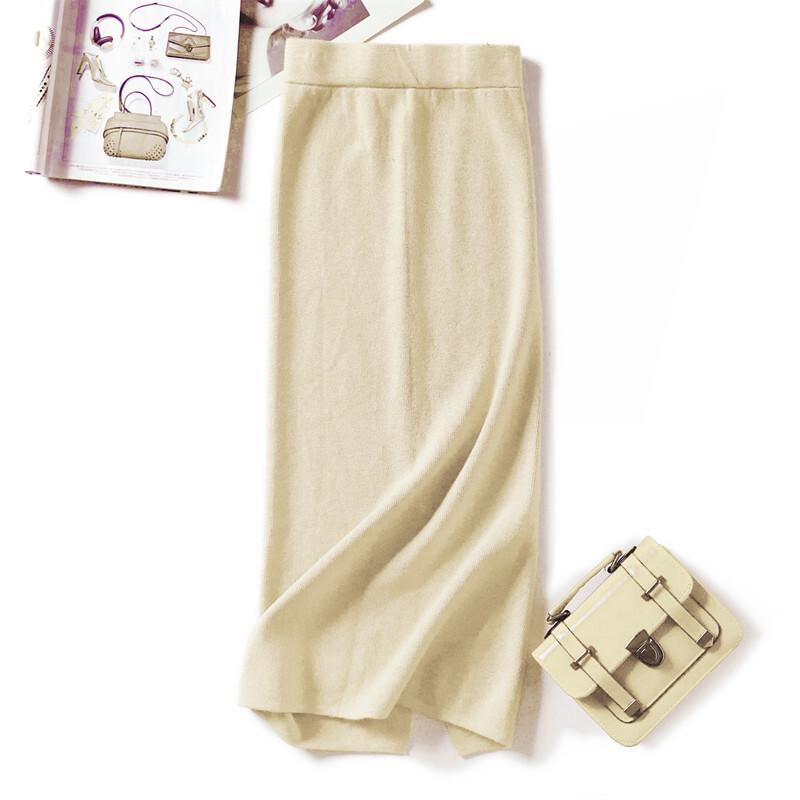 HLBCBG Ženska pencil suknja od kašmira do koljena Jesen Zima Ženska debela midi džemper suknja Seksi suknja uz rub s podijeljenim leđima