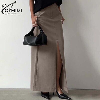 Oymimi Fuste drepte elegante, kaki, pentru femei, ocazional, cu talie înaltă, cu buzunare, fuste Streetwear, la modă, fustă nouă până la podea