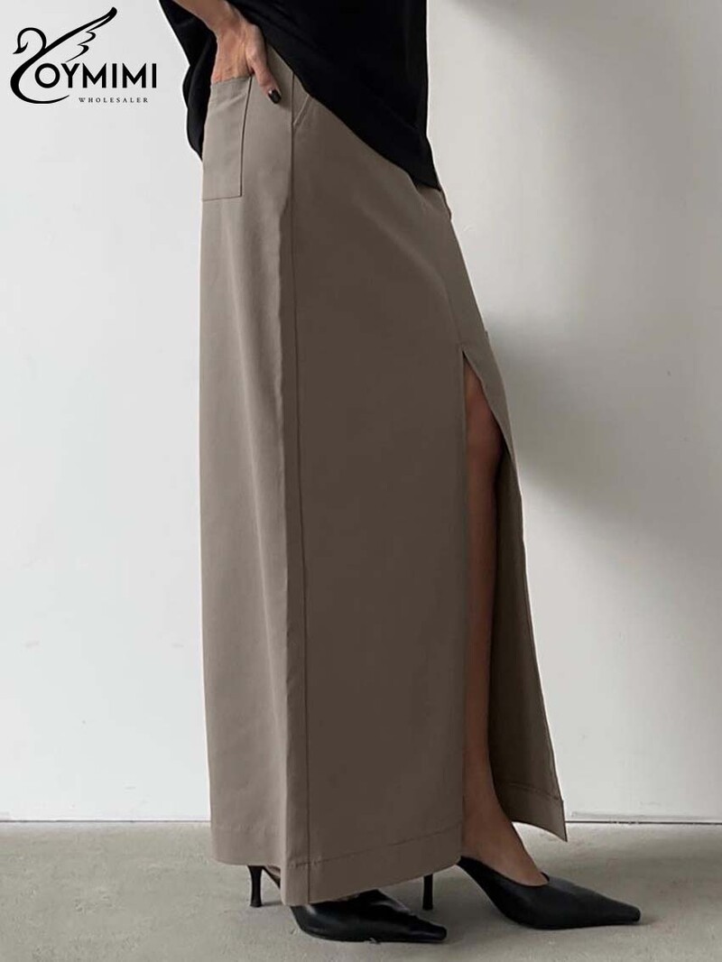 Oymimi Fuste drepte elegante, kaki, pentru femei, ocazional, cu talie înaltă, cu buzunare, fuste Streetwear, la modă, fustă nouă până la podea