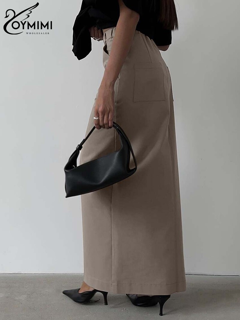 Oymimi Fuste drepte elegante, kaki, pentru femei, ocazional, cu talie înaltă, cu buzunare, fuste Streetwear, la modă, fustă nouă până la podea