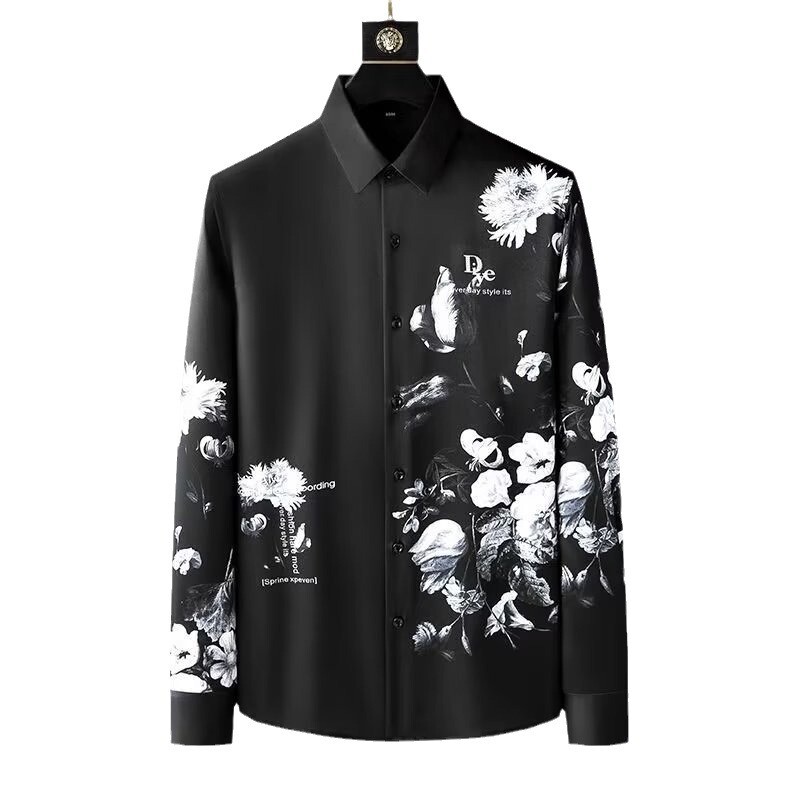 Cămașă casual subțire pentru bărbați, cu mâneci lungi și pictură cu cerneală, un nou brand la modă, cămașă casual business de modă pentru bărbați