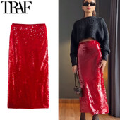 TRAF suknje za žene Crvena duga suknja Ženska suknja visokog struka sa sjajnim šljokicama Modna party Elegantne ženske suknje Midi pencil suknja