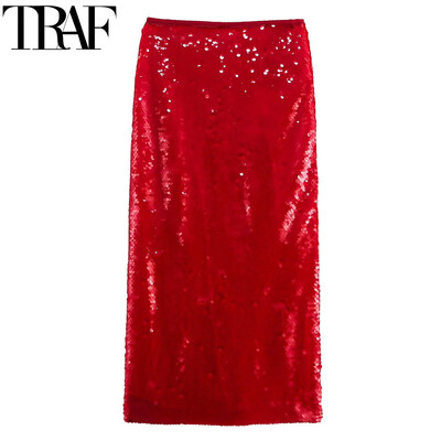 TRAF suknje za žene Crvena duga suknja Ženska suknja visokog struka sa sjajnim šljokicama Modna party Elegantne ženske suknje Midi pencil suknja