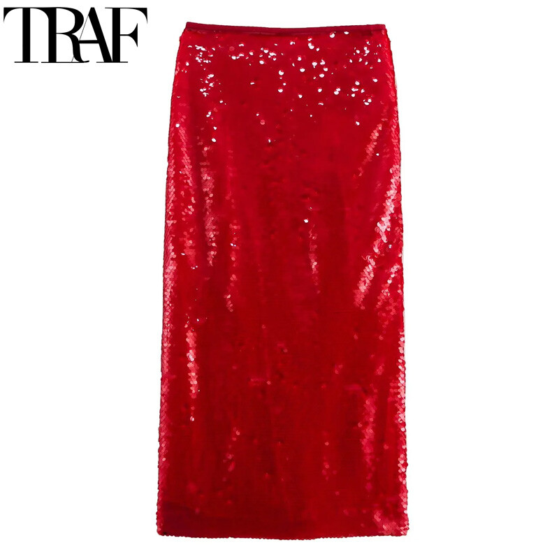 TRAF suknje za žene Crvena duga suknja Ženska suknja visokog struka sa sjajnim šljokicama Modna party Elegantne ženske suknje Midi pencil suknja