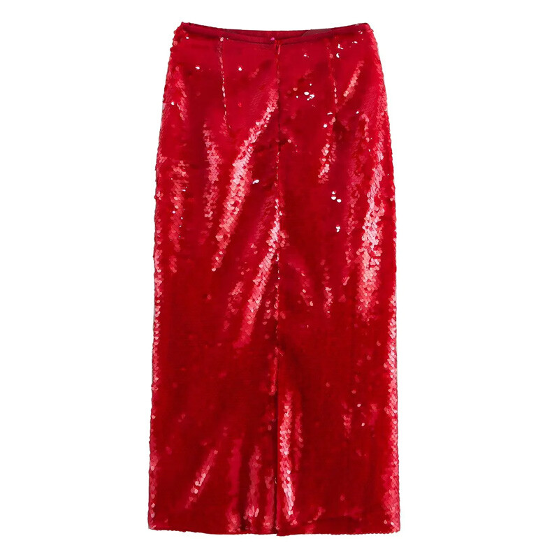 TRAF suknje za žene Crvena duga suknja Ženska suknja visokog struka sa sjajnim šljokicama Modna party Elegantne ženske suknje Midi pencil suknja