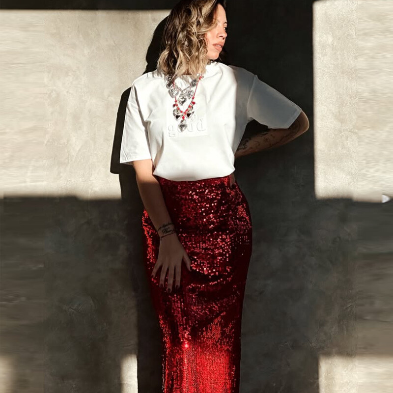 TRAF suknje za žene Crvena duga suknja Ženska suknja visokog struka sa sjajnim šljokicama Modna party Elegantne ženske suknje Midi pencil suknja