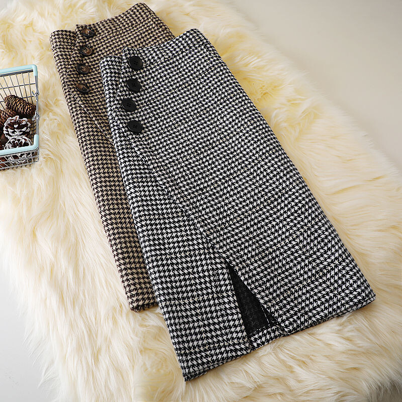 2024, toamnă iarnă, nouă fustă neregulată de lână, pachet cu talie înaltă, fustă de șold, fuste lungi în carouri din picior de gală B437