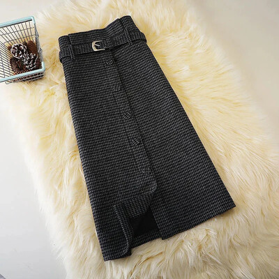 MEXZT Fusta midi cu fante în carouri de epocă pentru femei, cu centură din lână, tricotată, cu o linie, fustă coreeană cu talie înaltă, subțire, nou