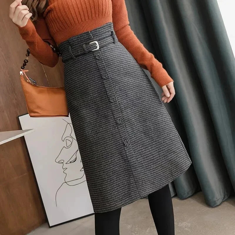 MEXZT Fusta midi cu fante în carouri de epocă pentru femei, cu centură din lână, tricotată, cu o linie, fustă coreeană cu talie înaltă, subțire, nou