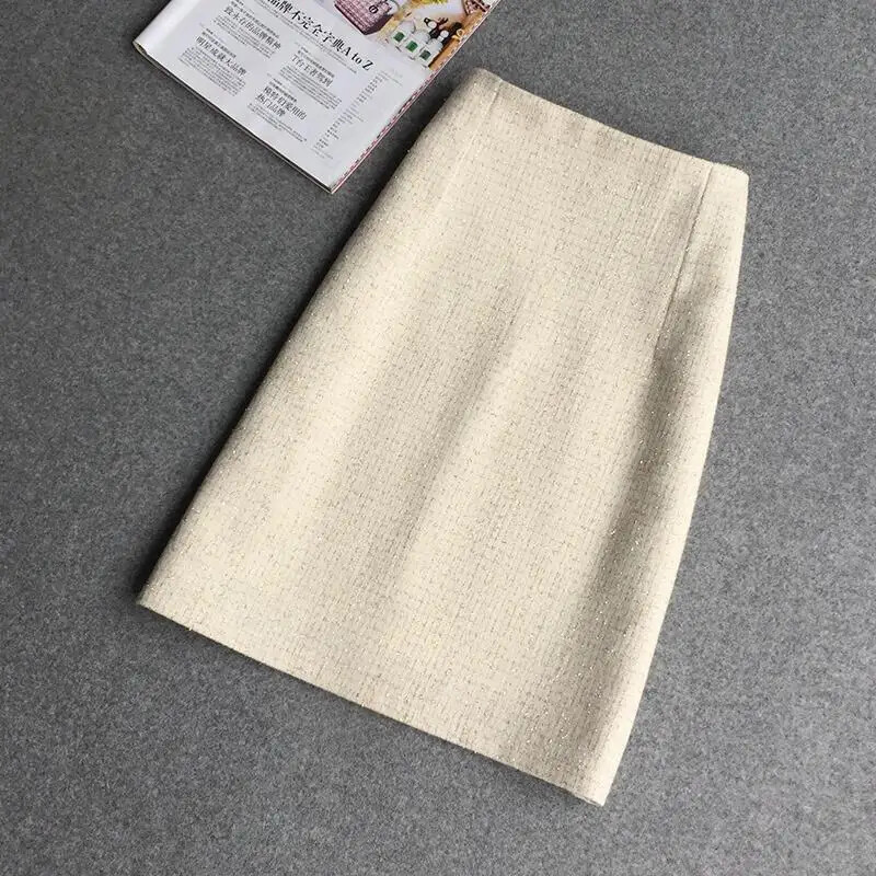 2024 Nouă Moda Toamnă Iarnă Fusta Tweed Lână în carouri Talie înaltă Fese subțire Fuste scurte A-line Midi Femei C176