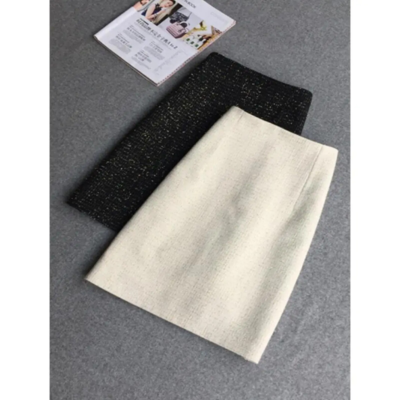 2024 Nouă Moda Toamnă Iarnă Fusta Tweed Lână în carouri Talie înaltă Fese subțire Fuste scurte A-line Midi Femei C176