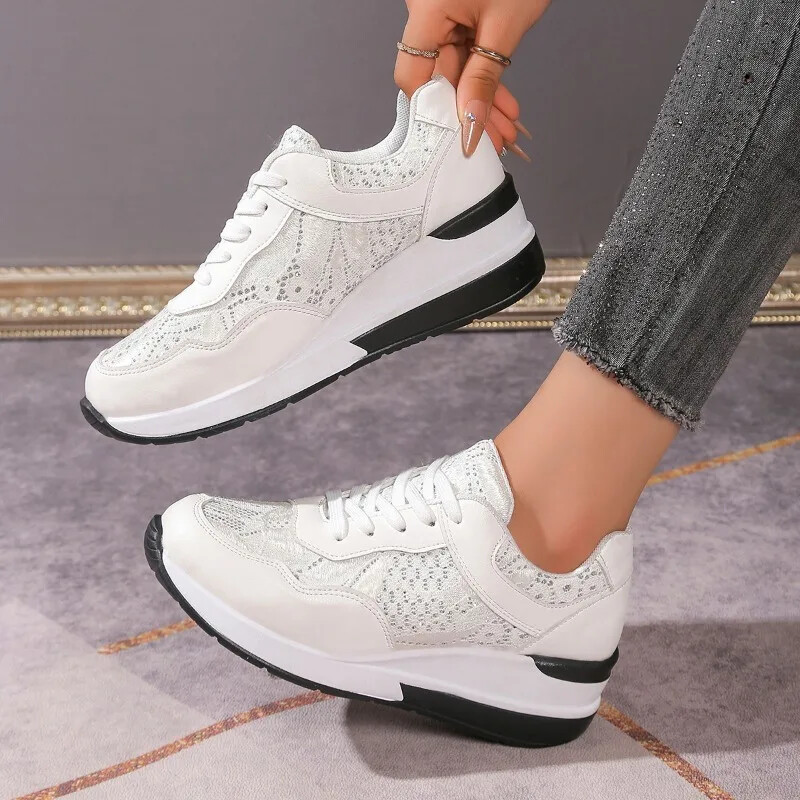Pantofi de exterior pentru femei, 2024, pantofi vulcanizați, cu plasă de mărime mare, pantofi pentru femei, pantofi pentru femei, cu vârf rotund, cu șireturi, cu platformă, pantofi casual pentru femei