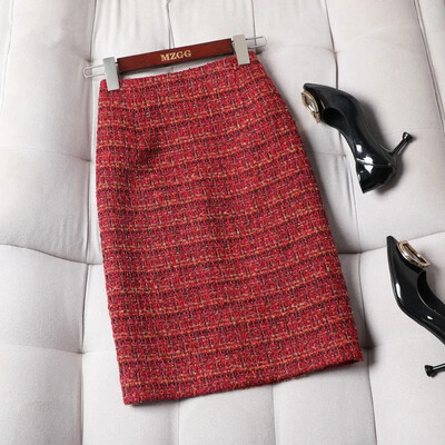 Fuste de lână în carouri cu talie înaltă de epocă, pentru femei, toamnă iarnă 2023, fuste midi subțiri, pachet de șold, falde ajustate pentru femei.