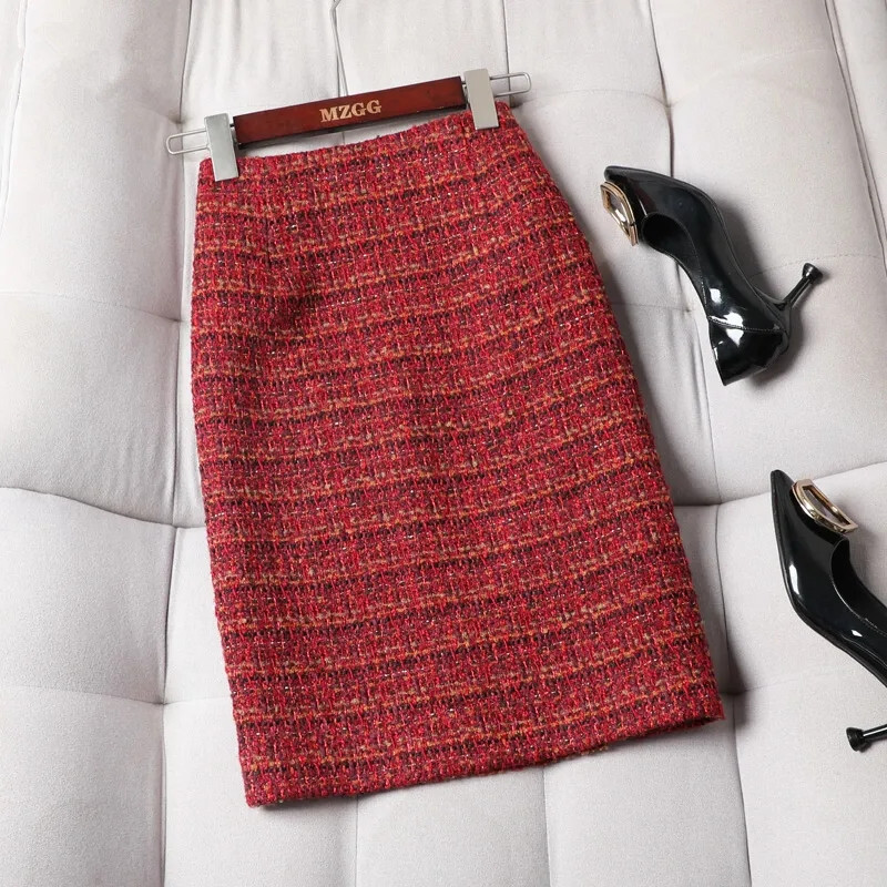 Fuste de lână în carouri cu talie înaltă de epocă, pentru femei, toamnă iarnă 2023, fuste midi subțiri, pachet de șold, falde ajustate pentru femei.