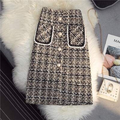 2024 Femei Toamnă Iarnă Nouă Fusta în carouri cu talie înaltă Fusta de lână cu un singur piept Doamnelor Pachet Split Fuste șold B400