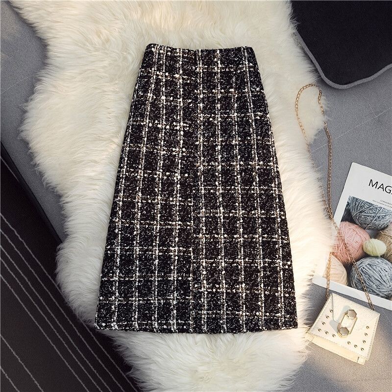 2024 Femei Toamnă Iarnă Nouă Fusta în carouri cu talie înaltă Fusta de lână cu un singur piept Doamnelor Pachet Split Fuste șold B400