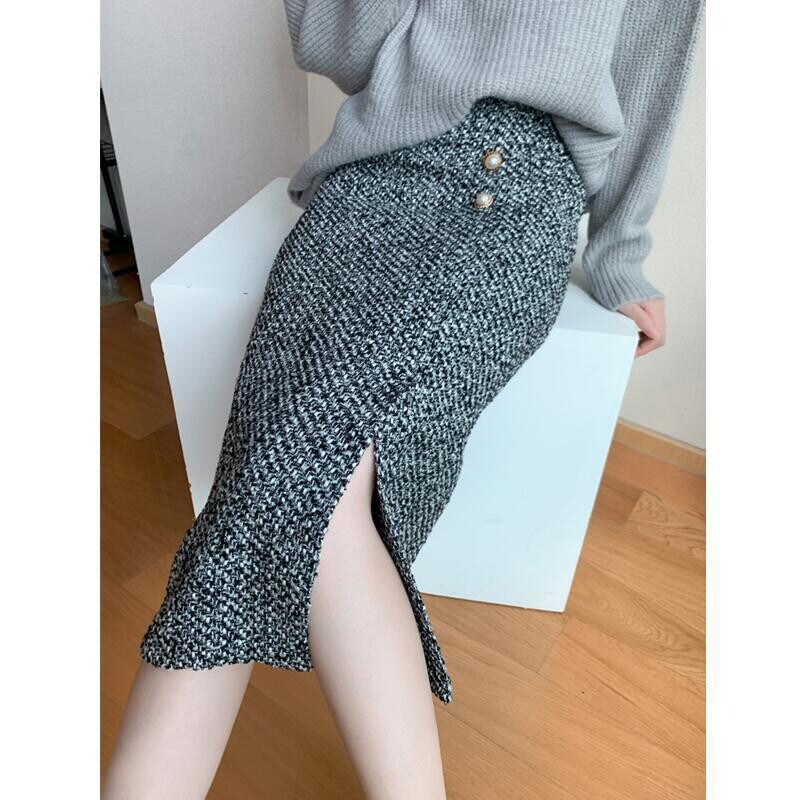 2024 Femei Toamna Iarnă Nou Pachet cu talie înaltă Fusta de șold Femei Midi Fusta lungă din tweed Doamnelor Slim Fit Fuste de lână B435