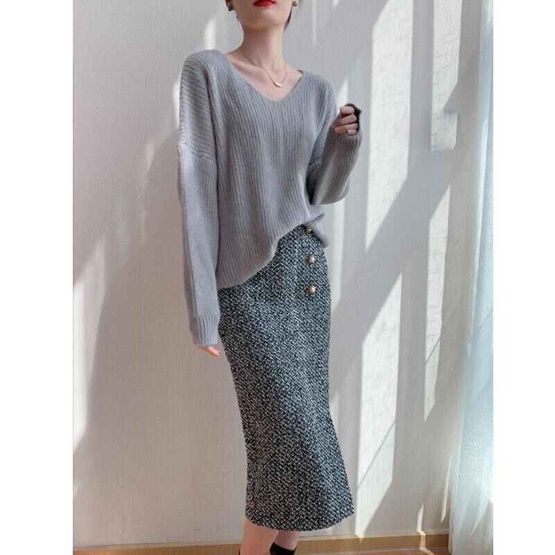 2024 Femei Toamna Iarnă Nou Pachet cu talie înaltă Fusta de șold Femei Midi Fusta lungă din tweed Doamnelor Slim Fit Fuste de lână B435