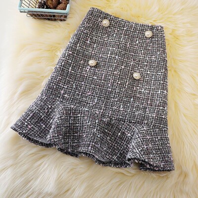 Mala mirisna karirana suknja ženska jesen i zima nova vunena riblja suknja modna ležerna suknja od tvida torba suknja na kukove.