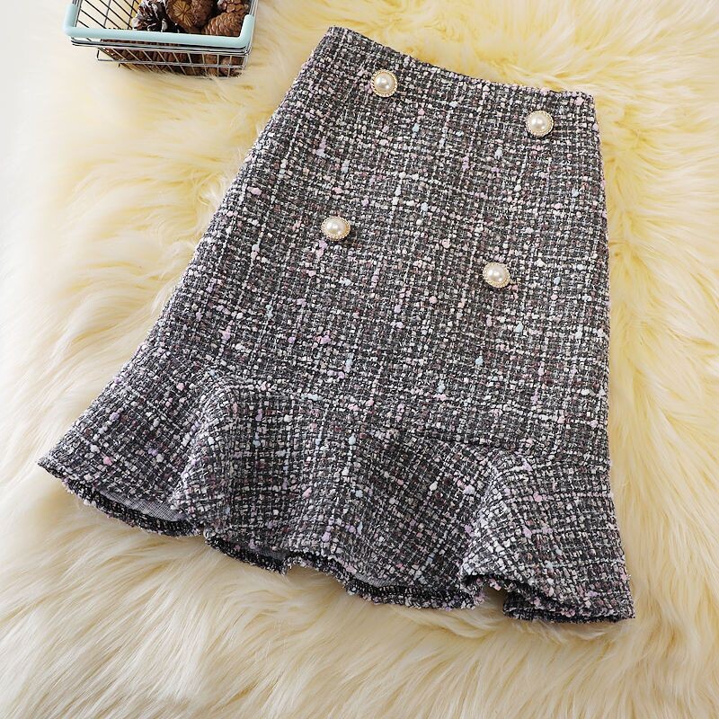 Mala mirisna karirana suknja ženska jesen i zima nova vunena riblja suknja modna ležerna suknja od tvida torba suknja na kukove.