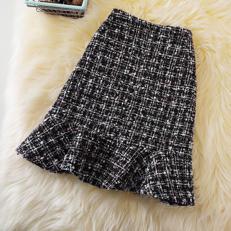 Mala mirisna karirana suknja ženska jesen i zima nova vunena riblja suknja modna ležerna suknja od tvida torba suknja na kukove.