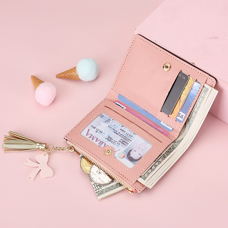 Portofel mic pentru femei din piele PU Portofele mini cu ciucuri pentru femei Poșeta de buzunar pentru monede de capacitate mare Suport coreean pentru carduri Geanta de bani