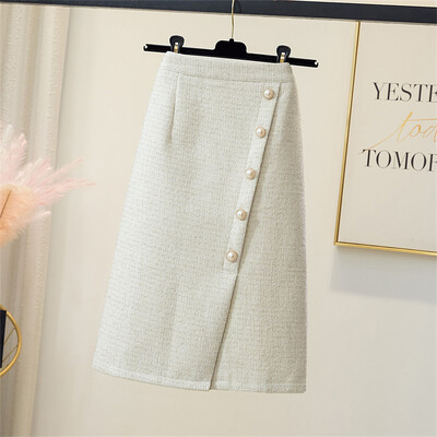 Fuste de lână tweed de toamnă iarnă pentru femei Moda coreeană Fusta de damă de birou cu talie înaltă, nasturi de perle șic Fuste A-Line T941