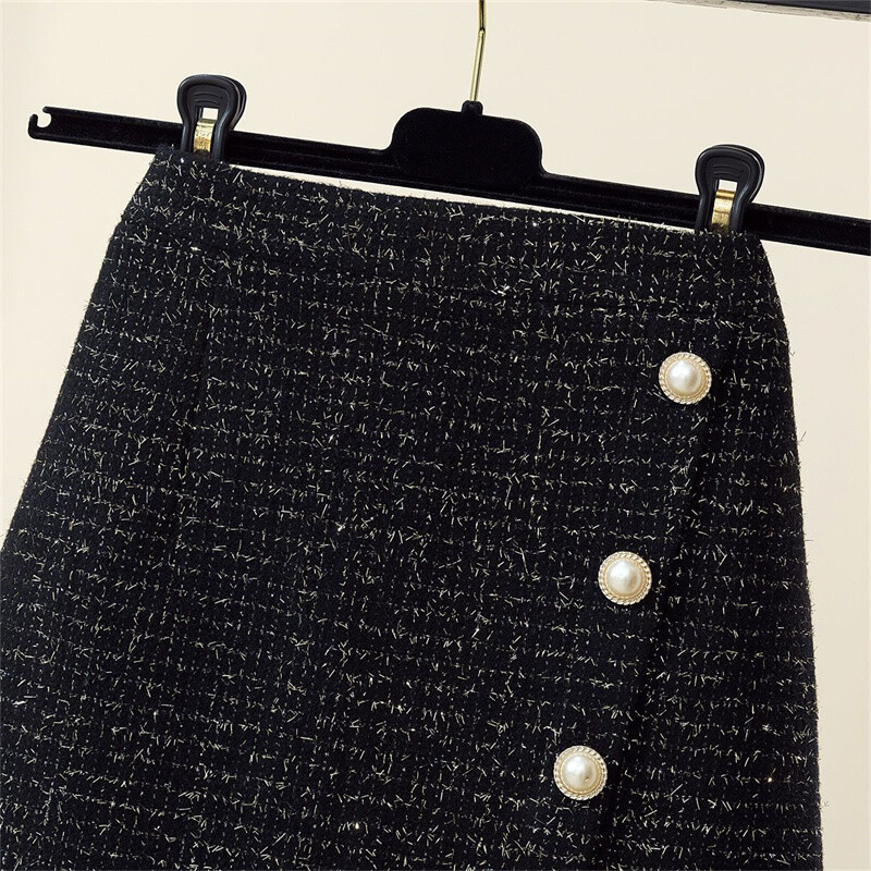Fuste de lână tweed de toamnă iarnă pentru femei Moda coreeană Fusta de damă de birou cu talie înaltă, nasturi de perle șic Fuste A-Line T941
