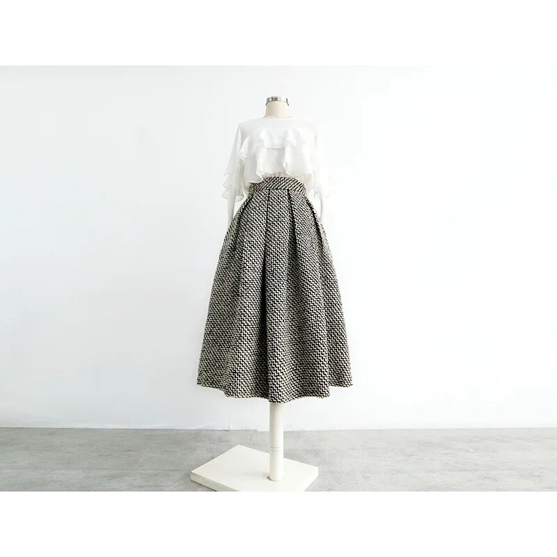 Modna suknja od tvida u obliku ptičje zube s džepovima Ženske vintage plisirane suknje A-kroja podebljanog visokog struka Faldas 2024 C71