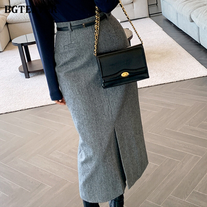 BGTEEVER Vintage ženske podijeljene suknje visokog struka Elegantne uske vunene suknje srednje dužine za žene jesen