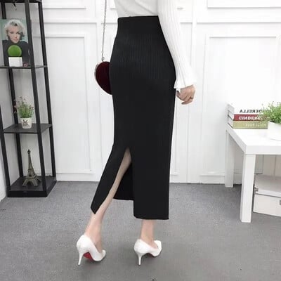 Fusta coreeană de lână de birou pentru femei, elegante, cu spatele, cu talie înaltă, tricotate, fuste Midi, pentru femei, toamnă iarna 2023, fustă creion îngroșată