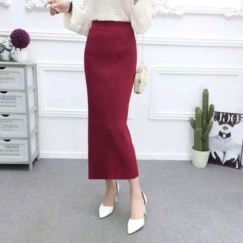 Fusta coreeană de lână de birou pentru femei, elegante, cu spatele, cu talie înaltă, tricotate, fuste Midi, pentru femei, toamnă iarna 2023, fustă creion îngroșată