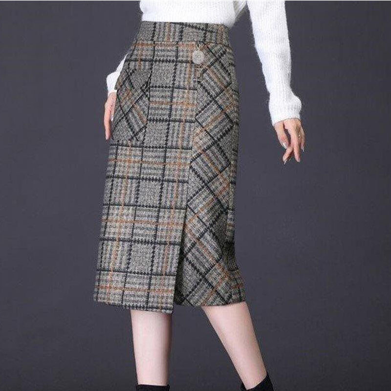 Noua marcă de modă de primăvară și toamnă, cu talie înaltă, în carouri, versatilă, de vest, casual, de lungime mijlocie, fustă de șold înfășurată pe jumătate