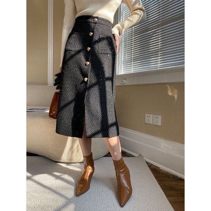 ASDS WOMEN Stil clasic Modă franceză Stardust Paiete Tweed Fusta cu talie înaltă Fusta de lungime mijlocie despicată